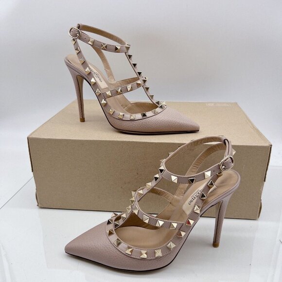 Valentino Rockstud Ankle Strap Pumps 100 Heel Poudre LeatherEU 36 - Picture 5 of 15